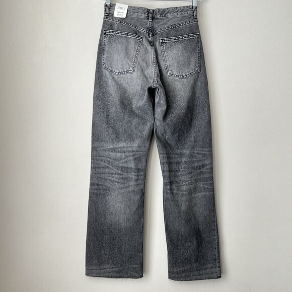Zara Wide Leg Jeans Charcoal High Rise Full Length Raw Hem 12 - Picture 2 of 9